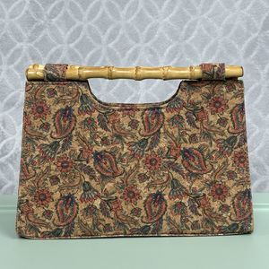 Natural Cork Handbag Bamboo Top Handle Purse Floral Paisley Boho Artsy Festival